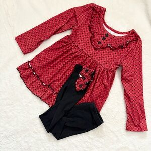 Red and Black Checkered Long Sleeve Dress with Leggings